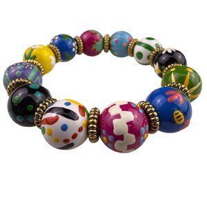Colorful Hand-Painted Bead Stretch Bracelet With Gold-Tone Accents Unique Design